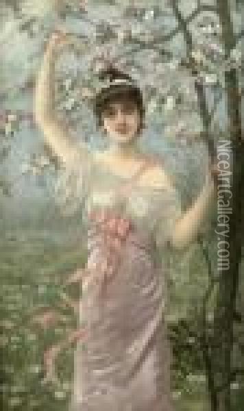 Junge Frau Bei Einem Bluhenden Kirschbaum Oil Painting - Eisman Semenowsky