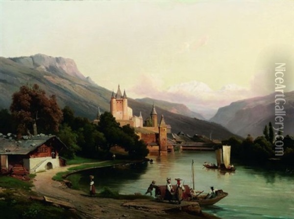 Le Passeur Au Pied Du Chateau Oil Painting - Jean Charles Joseph Remond