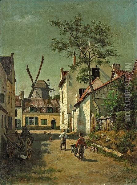 A Village Street With Two Boys Pushing A Wheelbarrow Oil Painting - Agapit Stevens