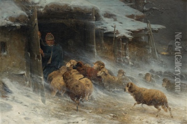Shepherd Protects His Herd From The Snow Storm Oil Painting - Adolf Ernst Meissner