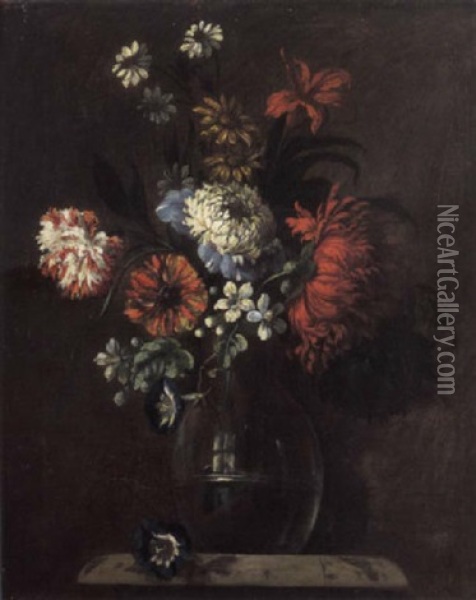 Carnations, Daisies, Morning Glory And Blossom In A Glass Vase On A Ledge Oil Painting - Jean-Baptiste Belin de Fontenay the Elder