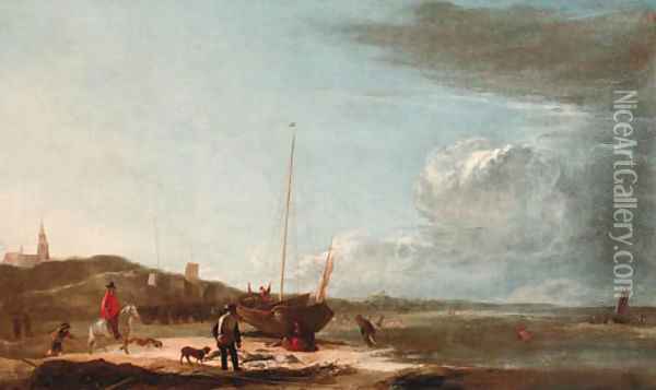 The beach at Scheveningen, with fisherfolk displaying their catch Oil Painting - Ludolf de Jongh