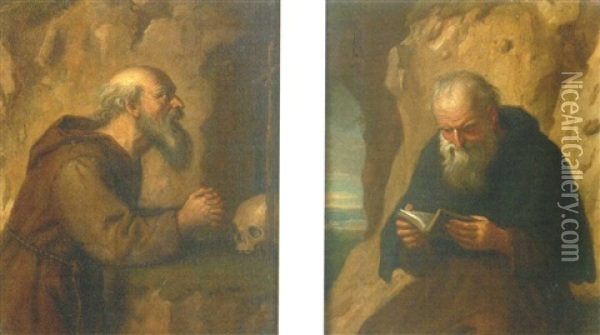 Ermite En Priere (+ Ermite Lisant; Pair) Oil Painting - Balthasar Beschey