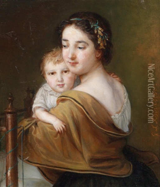 Mutter Und Kind Oil Painting - Johann Baptist Reiter