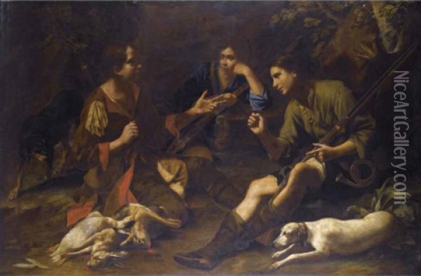 Boys Pausing From A Hunt And Playing At Odds In A Forest Clearing Oil Painting - Tommaso Salini