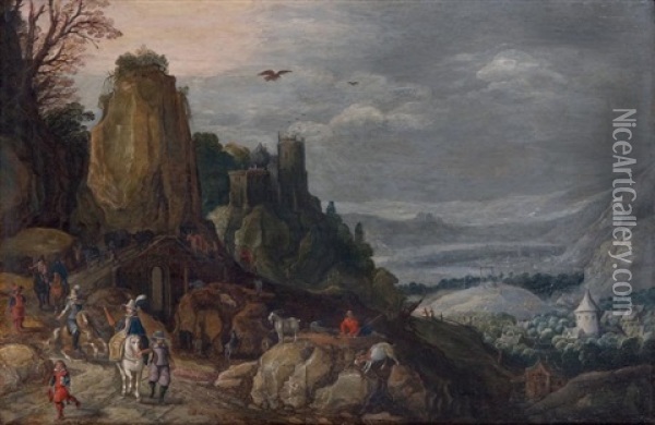 Paysage De Riviere Avec Des Voyageurs Sur Un Pont Oil Painting - Joos de Momper the Younger