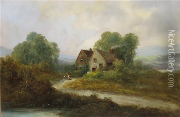 A Mother And Children By A Country Cottage Oil Painting - Joseph Horlor
