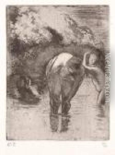 Les Trois Baigneuses Oil Painting - Camille Pissarro