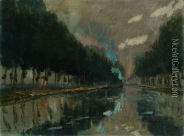 Canal De L'ourcq Au Crepuscule Oil Painting - Elie Anatole Pavil