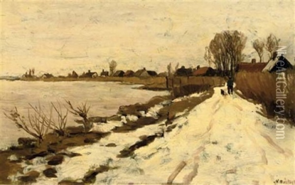 Winter - Walking Along The River Vecht On A Snow-covered Path Oil Painting - Nicolaas Bastert