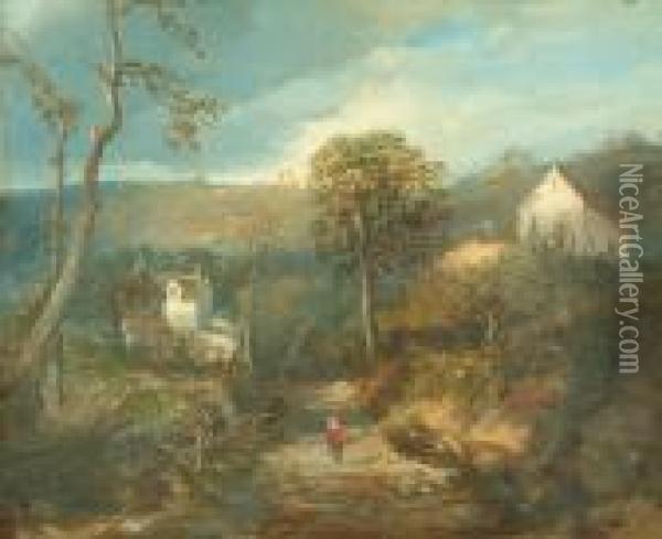 A Hilly Rural Landscape With A Figure Treading The Path Oil Painting - Edmund John Niemann, Snr.