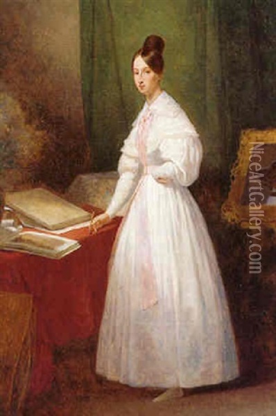Portrait Of The Princesse D'orleans, Standing Full Length In A Studio Interior, Wearing A White Dress Oil Painting - Ary Scheffer
