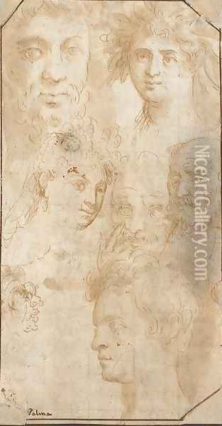Seven heads with a self portrait and a portrait of Adriana Negretti Oil Painting - Palma Vecchio (Jacopo Negretti)