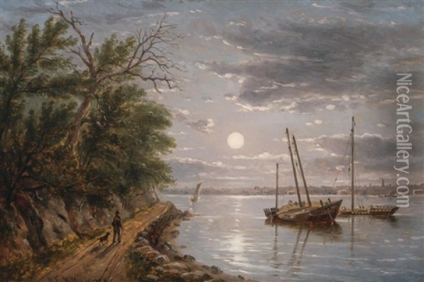Moonlight On The Hudson River, Hoboken, Nj Oil Painting - William Rickarby Miller