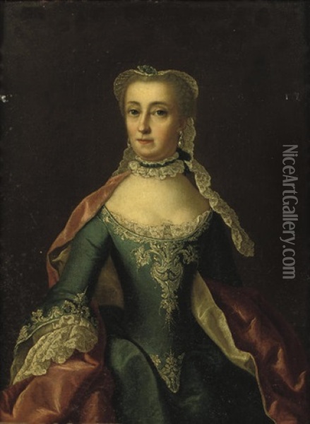 Portrait Of A Lady In A Embroidered Blue Dress And Pink Wrap Oil Painting - Hendrik Pothoven
