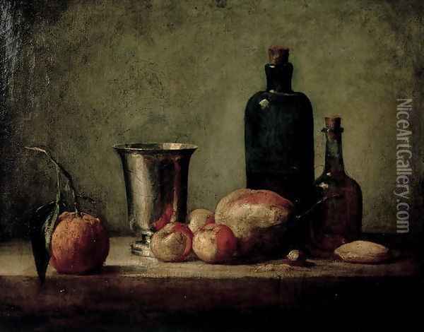 Still-life with Silver Beaker, Fruit and Bottles on a Table Oil Painting - Jean-Baptiste-Simeon Chardin