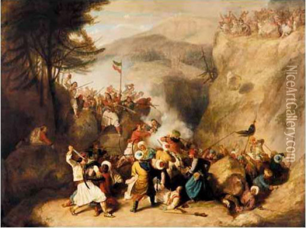 Greeks And Turks - The Battle Of Klissura, Epirius, 1792 Oil Painting - Denis Dighton