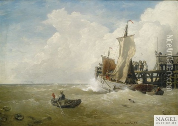 Fischerboot Am Anleger Oil Painting - Andreas Achenbach