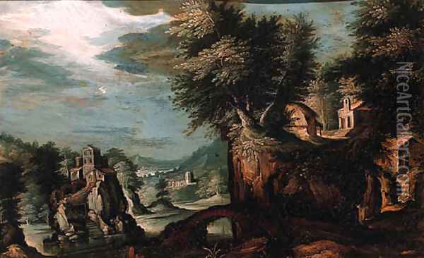 Cottages on a cliff overlooking a valley with a castle on a rock beyond Oil Painting - Paul Bril