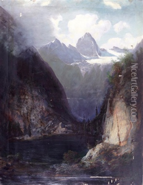 Bergsee Vor Aufragendem Massiv Mit Gletscher Oil Painting - Friedrich Zahn