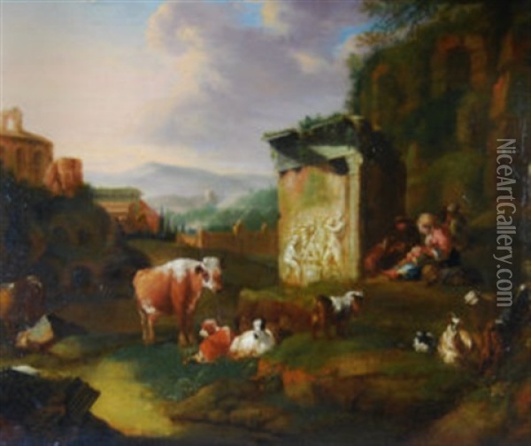 Peasants With Cattle, Sheep And Goats Amongst Ruins In An Italianate Mountain Landscape Oil Painting - Abraham Jansz. Begeyn