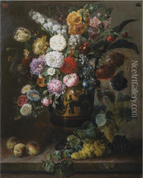 A Still Life Of Roses, Peonies, Carnations, Tulips And Otherflowers In A Classical Vase, Together With Grapes On The Vine Andpeaches, All On A Stone Ledge Oil Painting - Bertrand-Georges Bayle