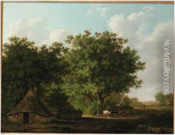 A Wooded Landscape With A Cowherd And Cattle By A Cottage Oil Painting - Adrianus Van Der Koogh