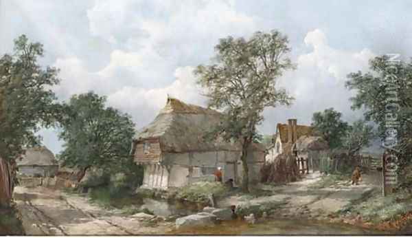 Figures before a cottage, near Hemingstone Oil Painting - John James Wilson