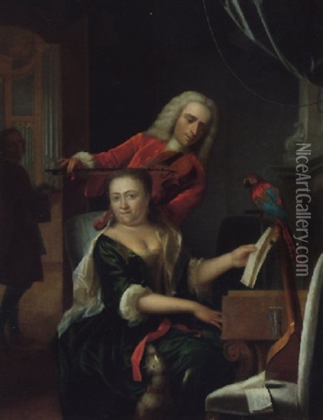 A Domestic Interior Scene With A Violinist Accompanied By A Woman At The Virginals, A Parrot Perched Beside Them Oil Painting - Philip van Dyk