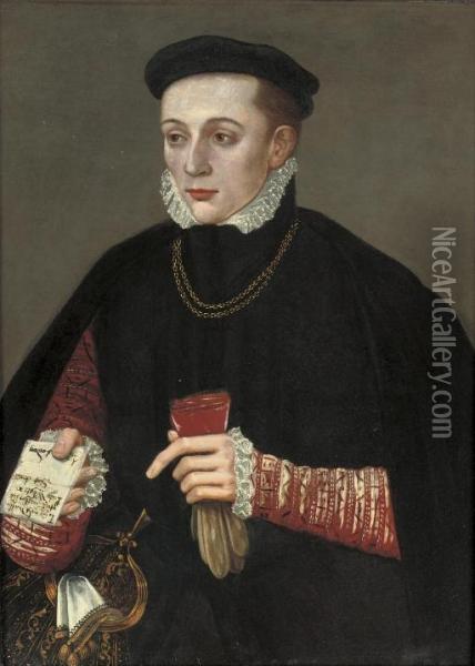 Portrait Of A Gentleman, Three-quarter-length, In A Black Cloak, A Red Doublet With Slashed Sleeves, And A Black Cap, Gloves In His Left Hand, A Letter In His Right Oil Painting - Hans Eworth