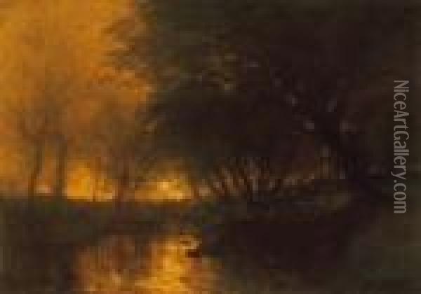 Riverside With Lights Oil Painting - Laszlo Mednyanszky