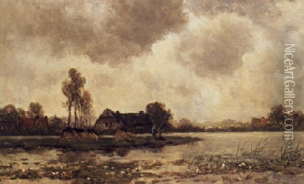 Anglers In A Polder Landscape Oil Painting - Willem Roelofs