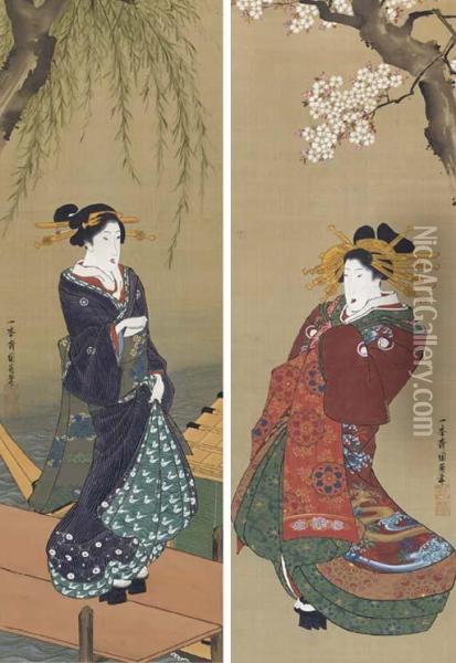 Beauties In Spring And Summer Oil Painting - Utagawa Kunihisa