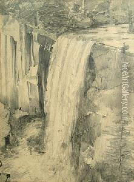 Vernal Falls, Yosemite; Also 3 Other Works On Paper By The Same Hand (group Of 4) Oil Painting - Charles Arthur Fries