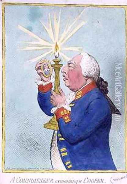A Connoisseur examining a Cooper George III 1738-1820 fearing a new revolution peers at a portrait of Cromwell Oil Painting - James Gillray