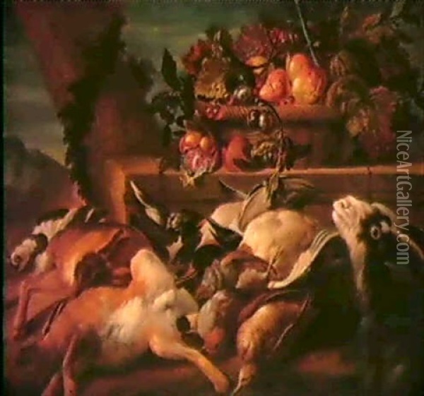 Natura Morta Di Selvaggina E Di Frutta Con Sfondo Di        Paesaggio A Sinistra Oil Painting - Abraham Brueghel