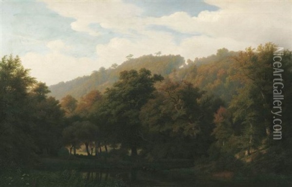 Sommerliche Waldlandschaft Mit Kleinem See Oil Painting - Johann Wilhelm Schirmer