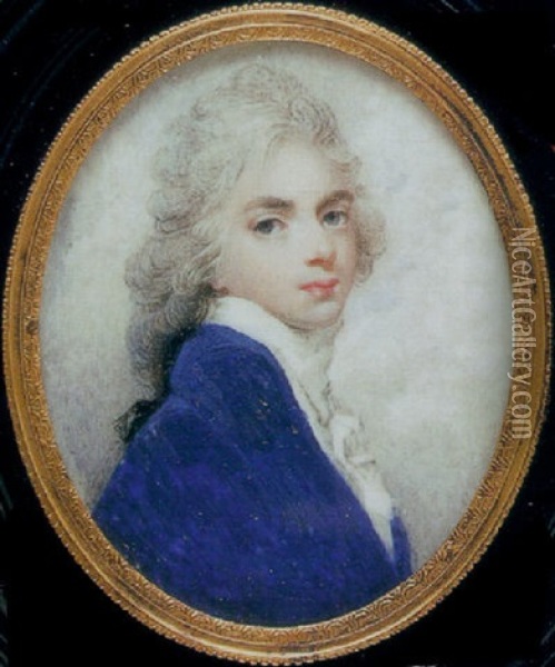 Portrait Of Gentleman, In Blue Coat, White Waistcoat And Frilled White Cravat, His Long Hair Powdered And Tied Oil Painting - William Armfield Hobday