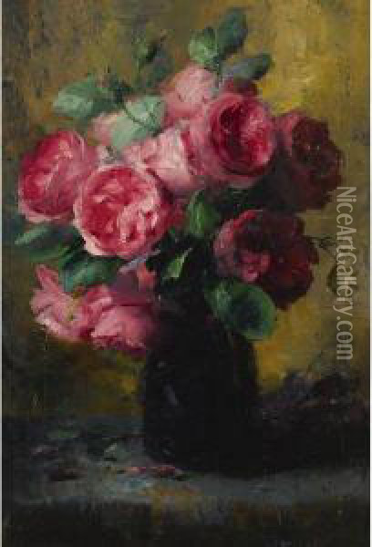 Pink Roses In A Vase Oil Painting - Frans Mortelmans