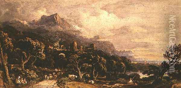 Landscape with castle and mountain Oil Painting - John Varley