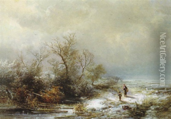 Geanimeerd Winterlandschap Oil Painting - Pieter Lodewijk Francisco Kluyver