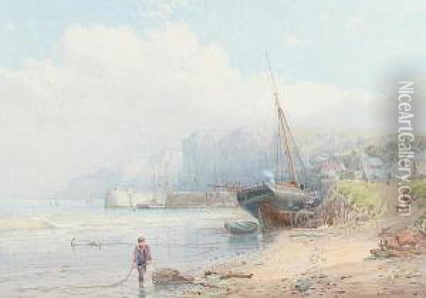 Saundersfoot, Tenby, With Figure On The Shore Oil Painting - George Wolfe