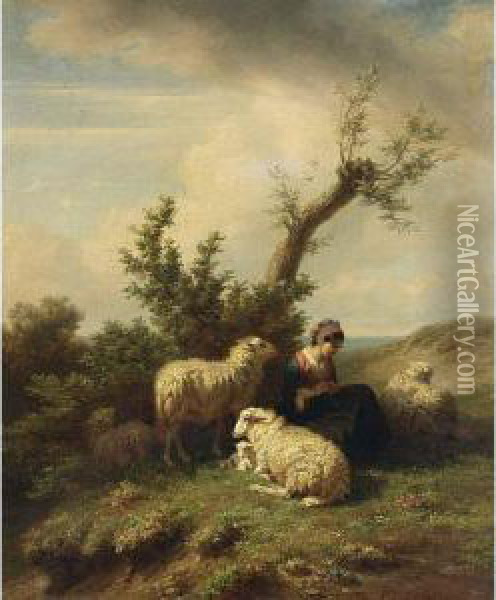 A Shepherdess And Her Flock Oil Painting - Edmond Jean Baptiste Tschaggeny