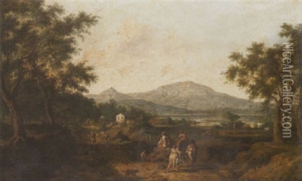 An Extensive Landscape With Peasants And A Donkey On A Track, A View To A Lake And Mountains Beyond Oil Painting - Hendrick Frans van Lint