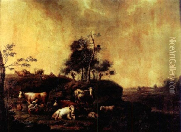 Le Repos Du Troupeau Dans Un Paysage Oil Painting - Petrus Johann Van Regemorter