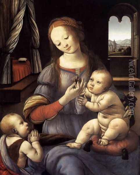Madonna with the Christ Child and St John the Baptist Oil Painting - Lorenzo Di Credi