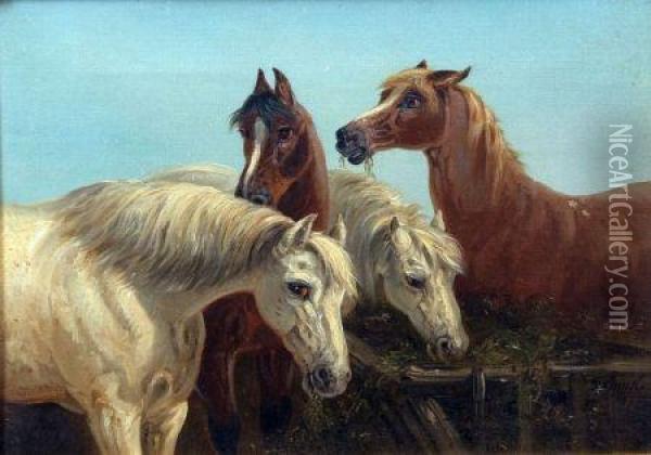 Four Horses By A Trough Oil Painting - Thomas Smythe