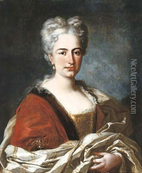 Portait of a lady, half-length, in a red and gold dress with lace trimmings and a satin shawl Oil Painting - Francesco Solimena