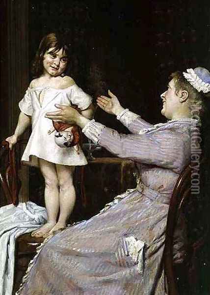 Little Girl with a Doll and Her Nurse Oil Painting - Christian Pram Henningsen