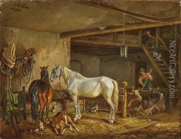 A Brown Horse With Foal And A Grey Horse In The Stable Oil Painting - Johann Adam Klein